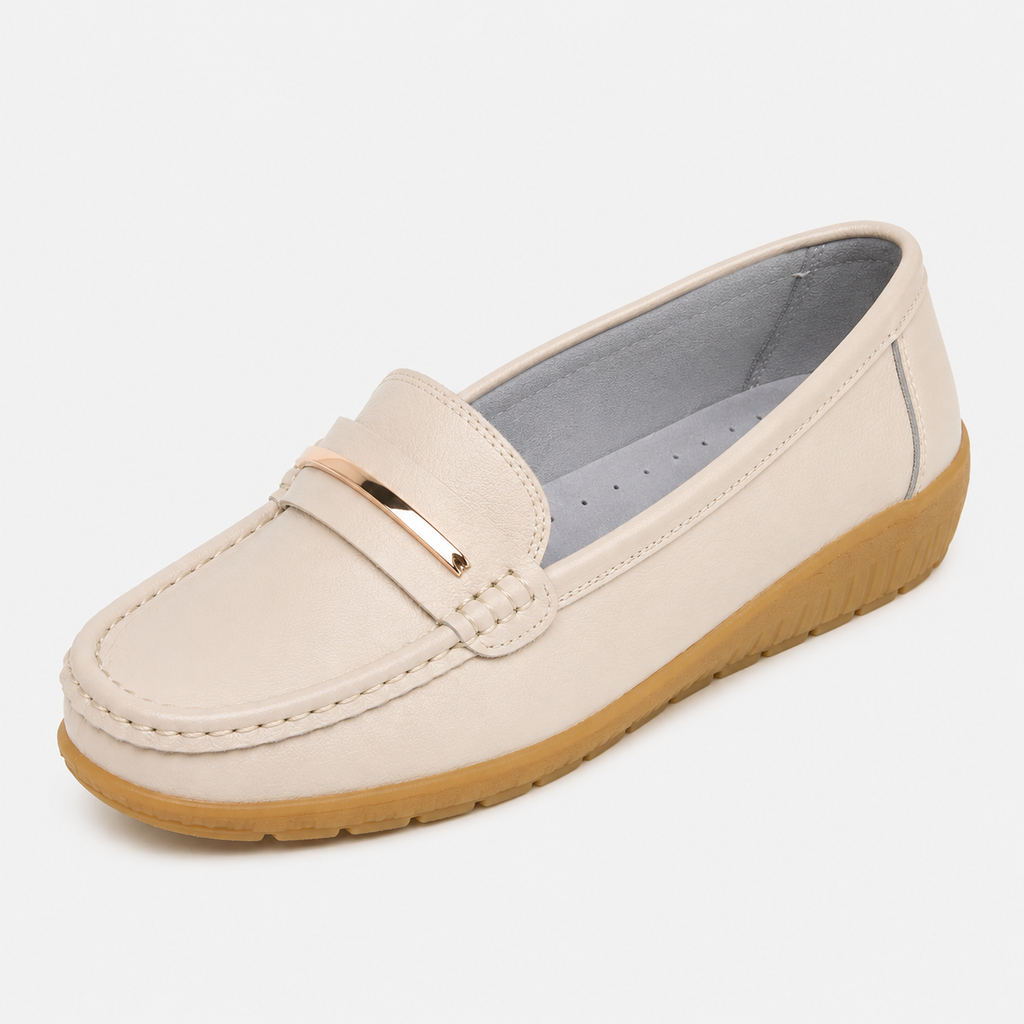 Womens Genuine Leather Loafers – Beige Comfortable Slip-On Flat Shoes for Spring & Autumn