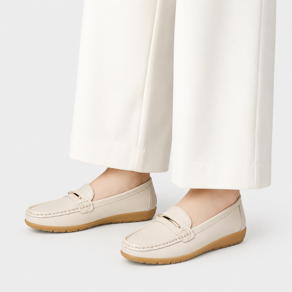 Womens Genuine Leather Loafers – Beige Comfortable Slip-On Flat Shoes for Spring & Autumn