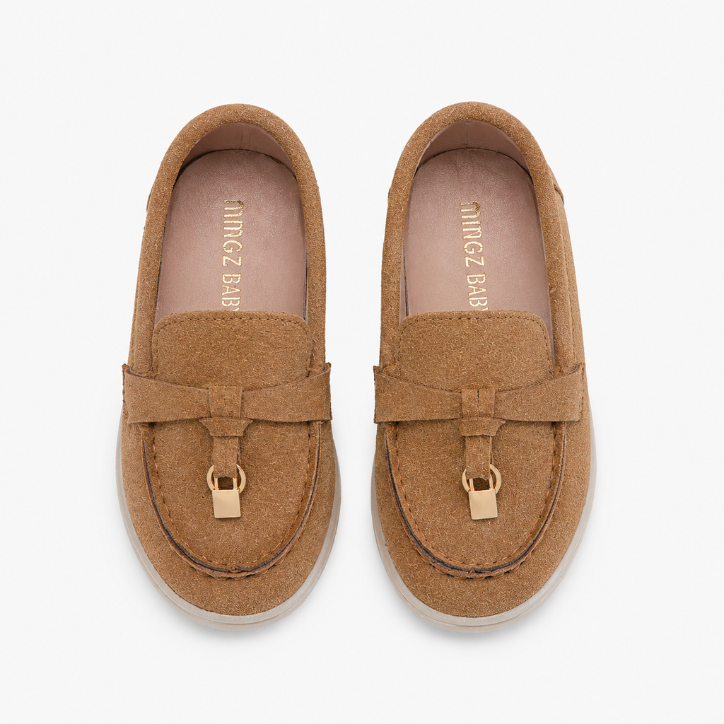 Kids Faux Leather Slip-On Loafers – Casual Flat Shoes for Boys & Girls in Beige