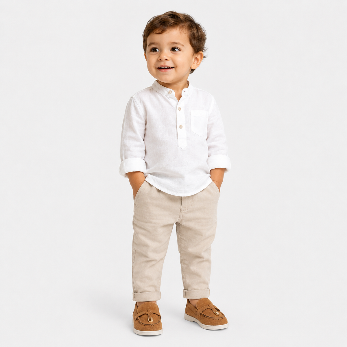Kids Faux Leather Slip-On Loafers – Casual Flat Shoes for Boys & Girls in Beige