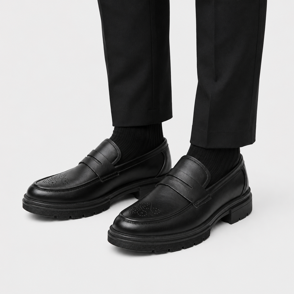 Mens Black Penny Loafers – Thick Sole Business Dress Shoes for Office & Smart Casual