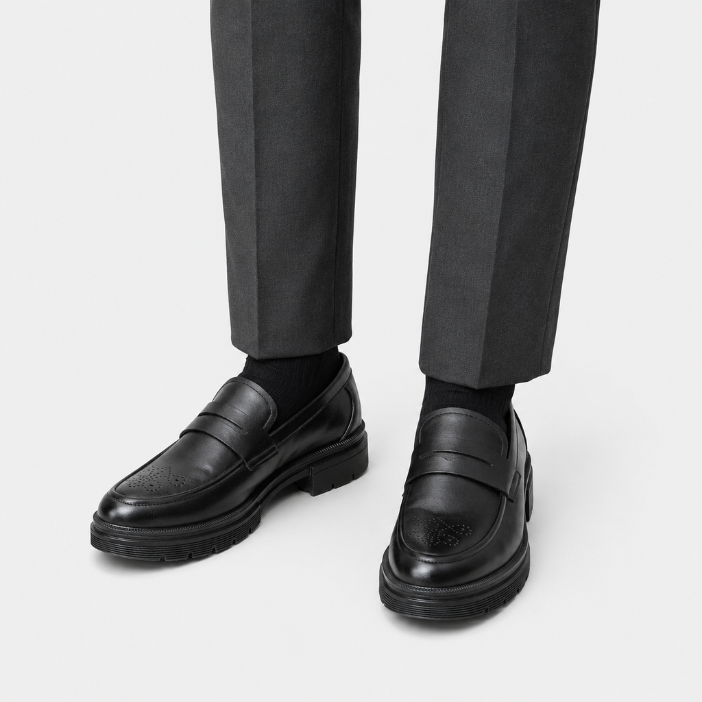 Mens Black Penny Loafers – Thick Sole Business Dress Shoes for Office & Smart Casual
