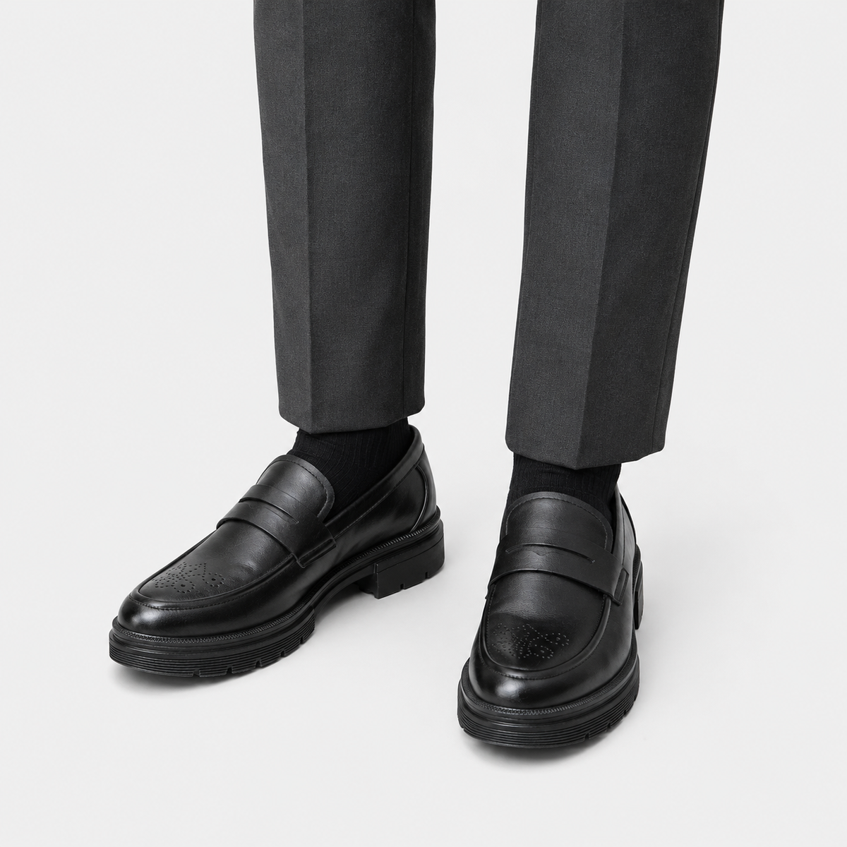 Mens Black Penny Loafers – Thick Sole Business Dress Shoes for Office & Smart Casual