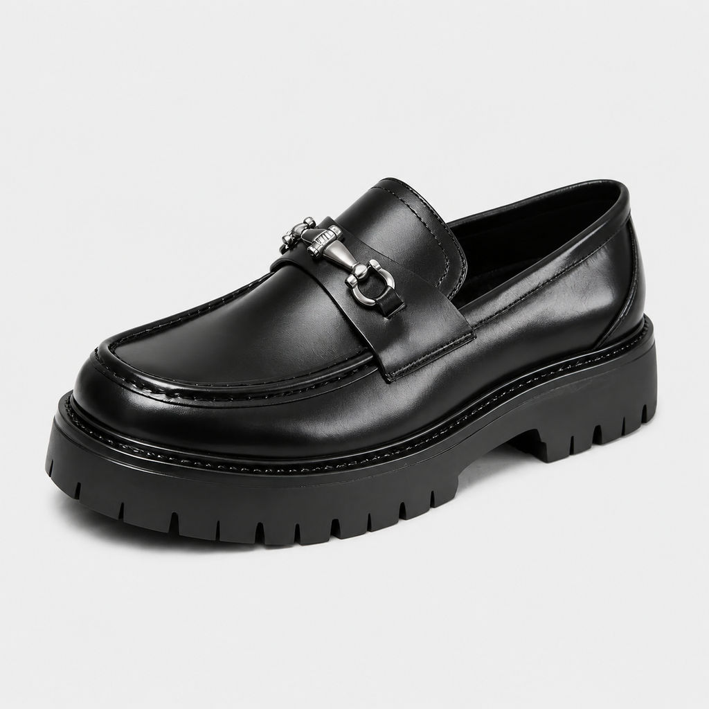 Mens Thick Sole Penny Loafers – Black Classic Buckle Slip-On Formal Business Dress Shoes