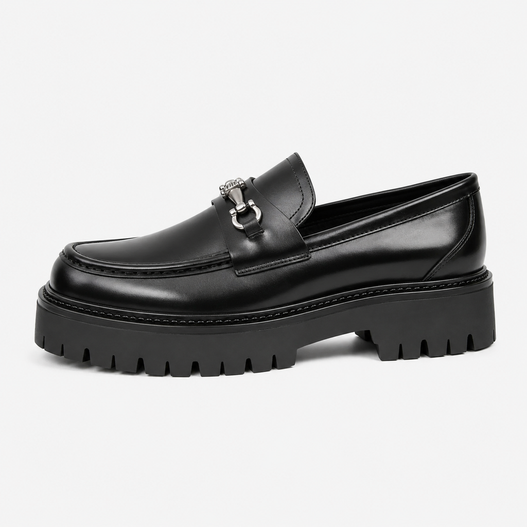 Mens Thick Sole Penny Loafers – Black Classic Buckle Slip-On Formal Business Dress Shoes