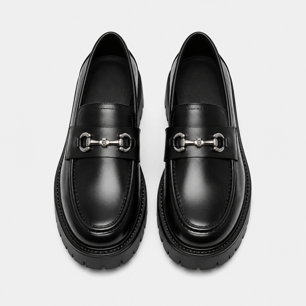 Mens Thick Sole Penny Loafers – Black Classic Buckle Slip-On Formal Business Dress Shoes