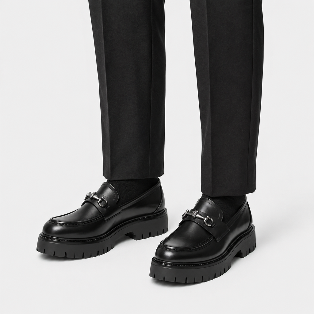 Mens Thick Sole Penny Loafers – Black Classic Buckle Slip-On Formal Business Dress Shoes