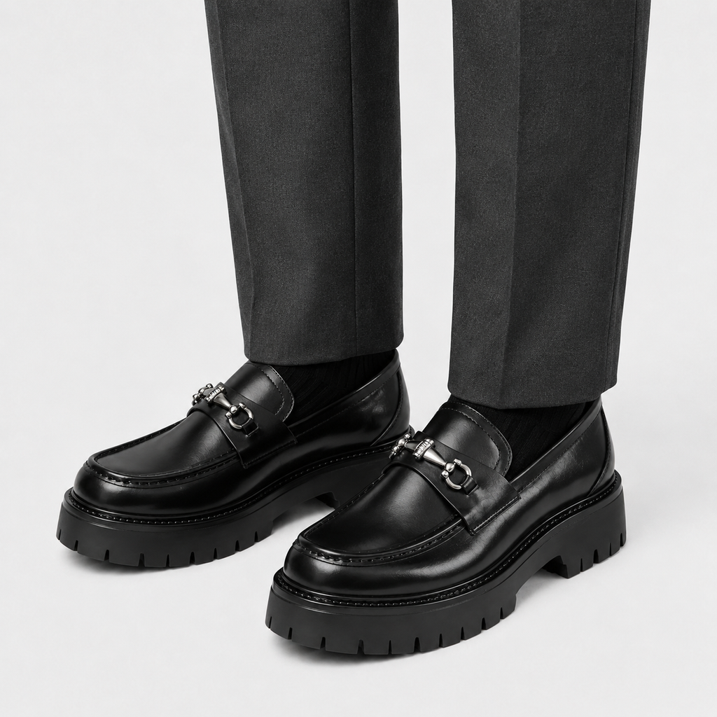 Mens Thick Sole Penny Loafers – Black Classic Buckle Slip-On Formal Business Dress Shoes
