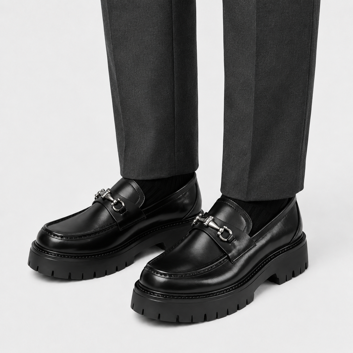 Mens Thick Sole Penny Loafers – Black Classic Buckle Slip-On Formal Business Dress Shoes