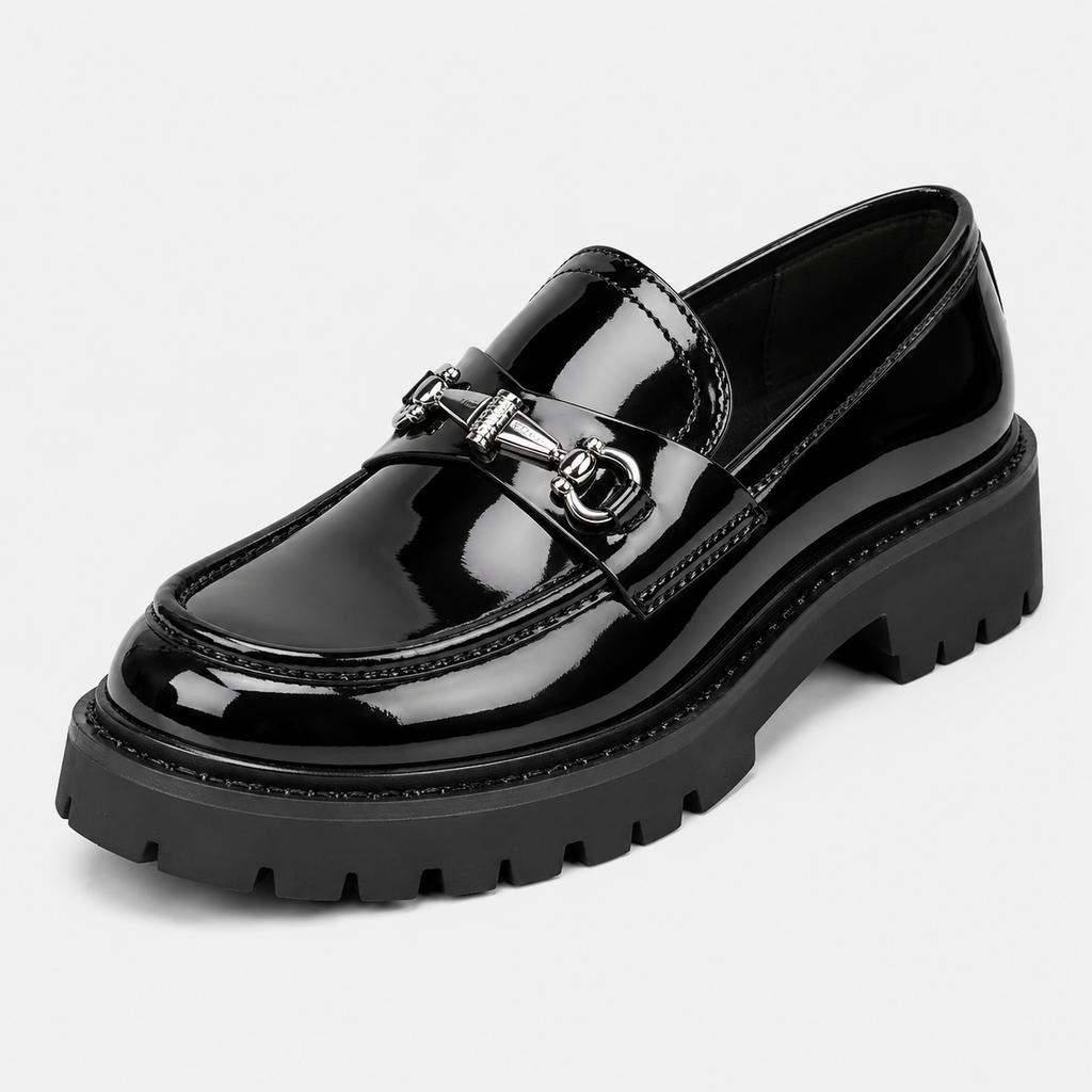 Mens Thick Sole Penny Loafers – Black Glossy Buckle Slip-On Business Dress Shoes