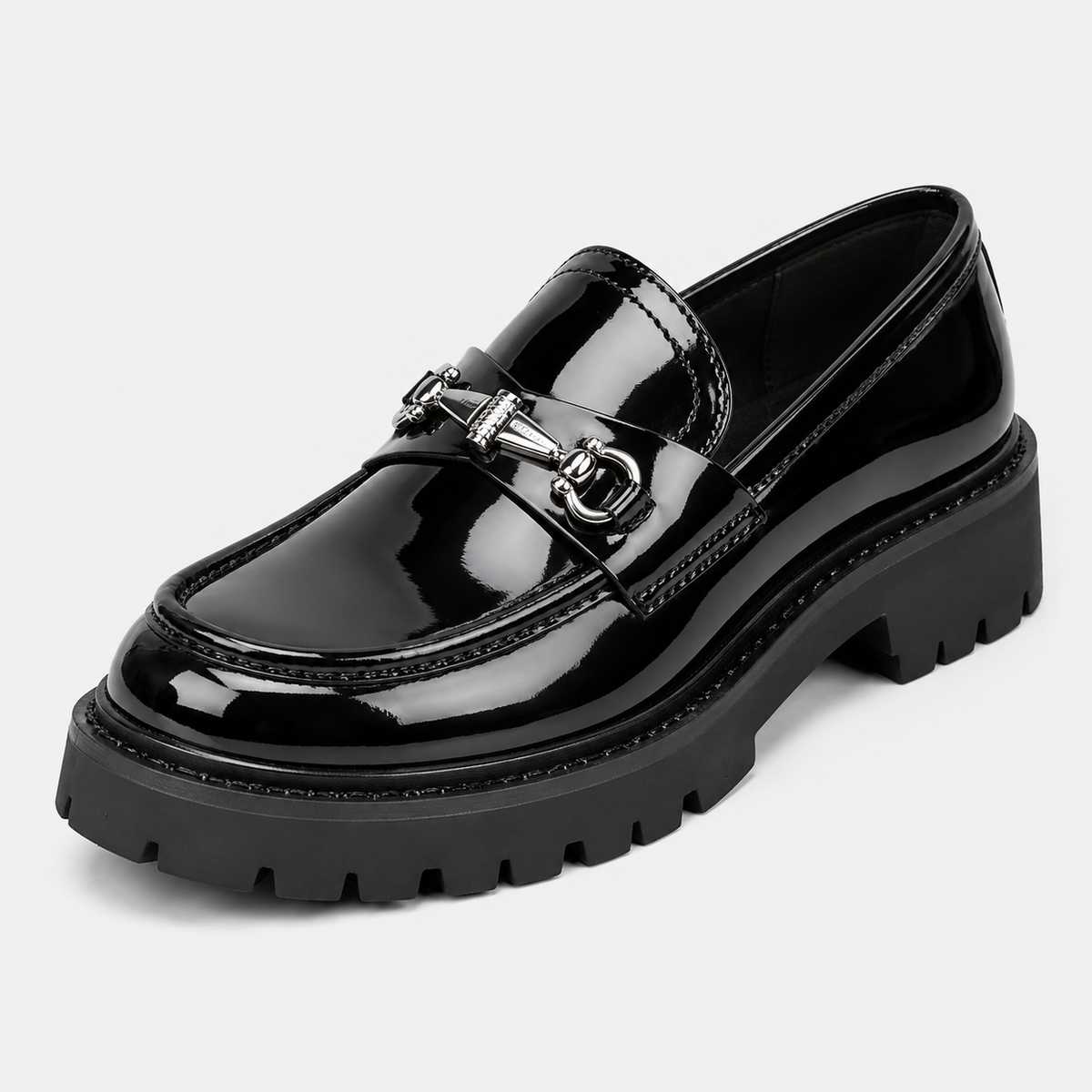 Mens Thick Sole Penny Loafers – Black Glossy Buckle Slip-On Business Dress Shoes