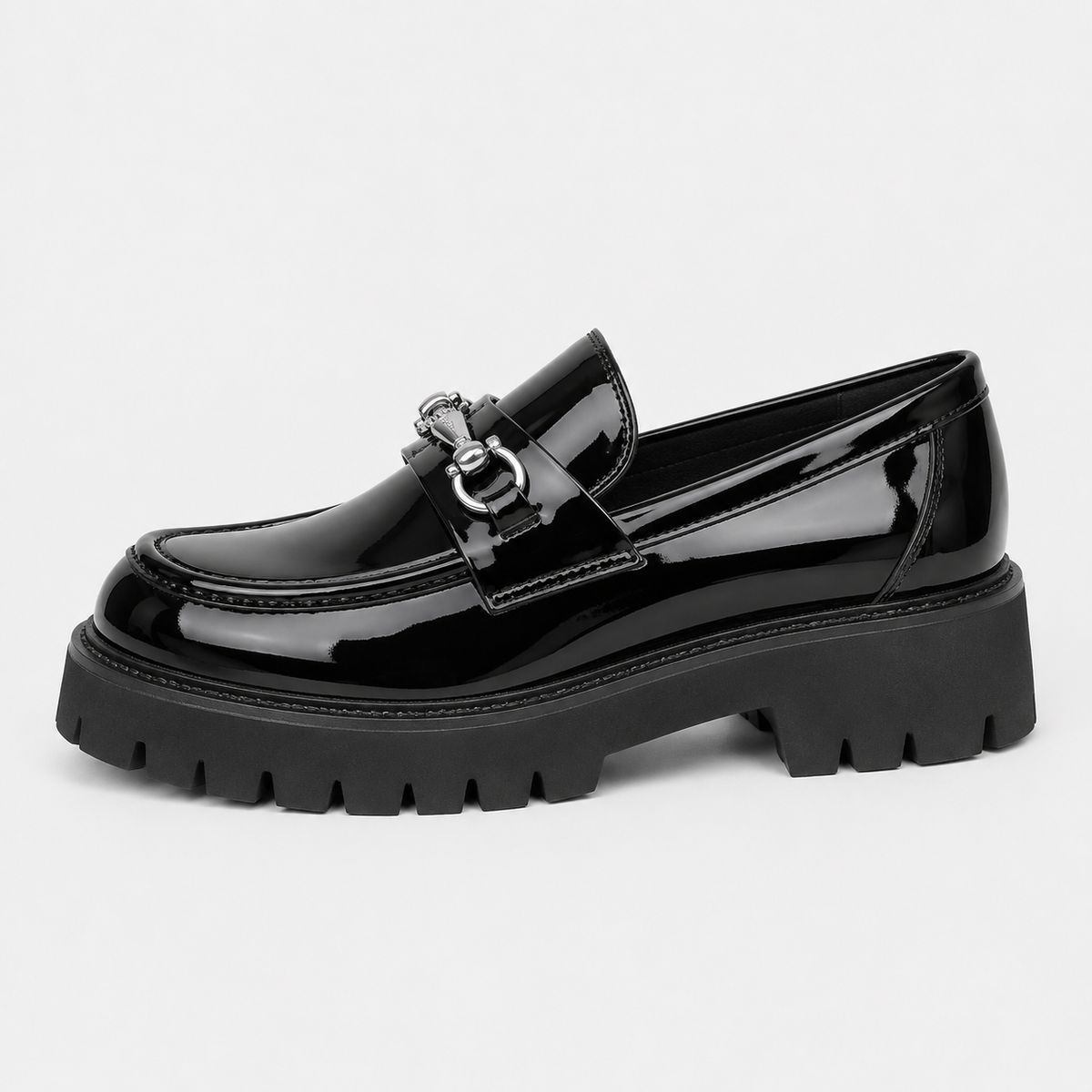 Mens Thick Sole Penny Loafers – Black Glossy Buckle Slip-On Business Dress Shoes