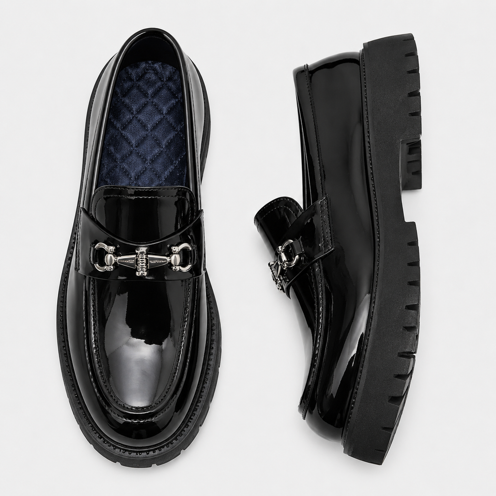 Mens Thick Sole Penny Loafers – Black Glossy Buckle Slip-On Business Dress Shoes