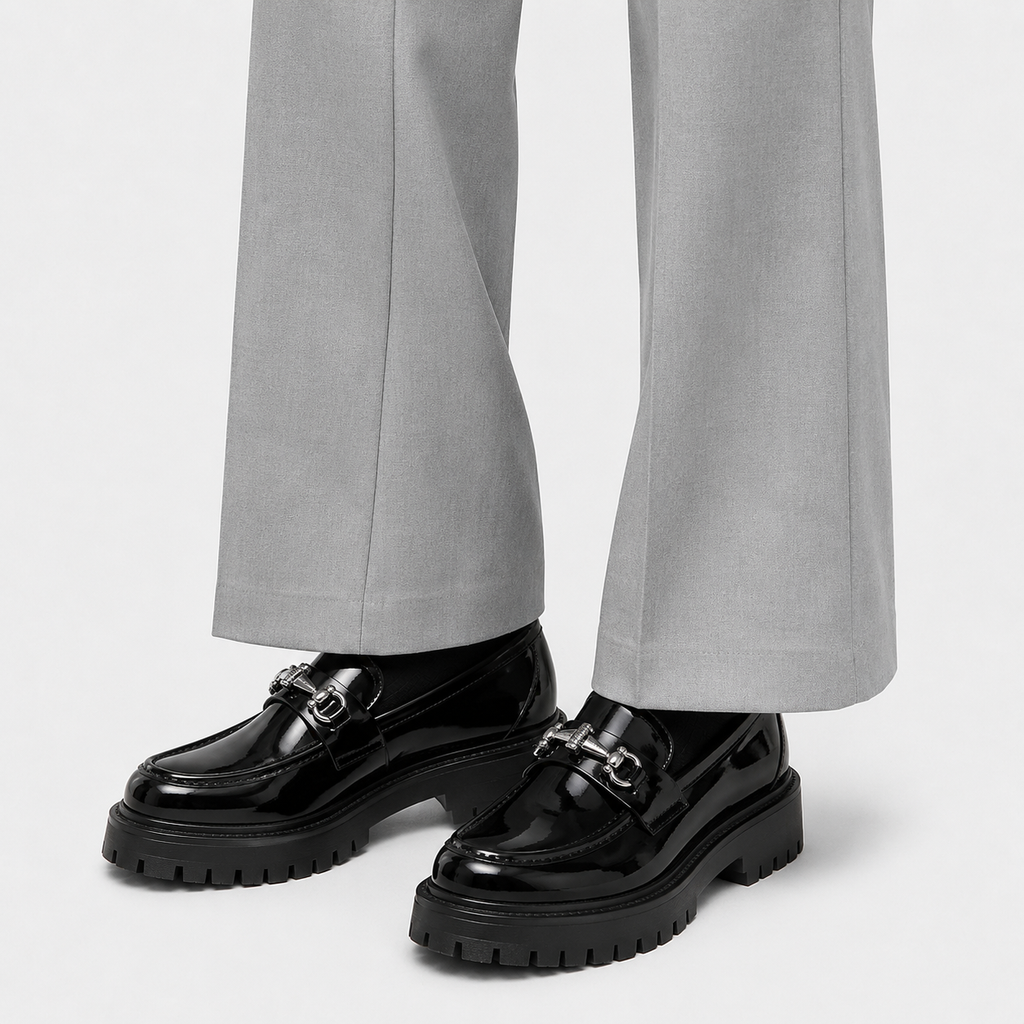 Mens Thick Sole Penny Loafers – Black Glossy Buckle Slip-On Business Dress Shoes