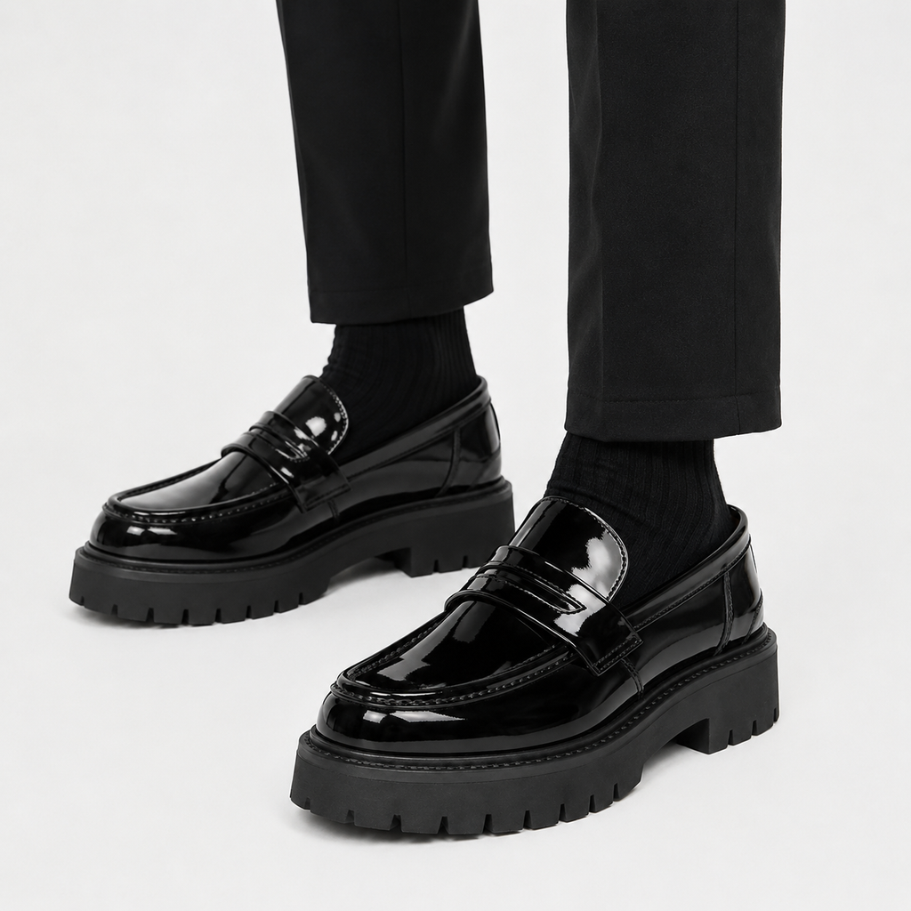 Mens Black Penny Loafers – Thick Sole Slip-On Formal Party Dress Shoes