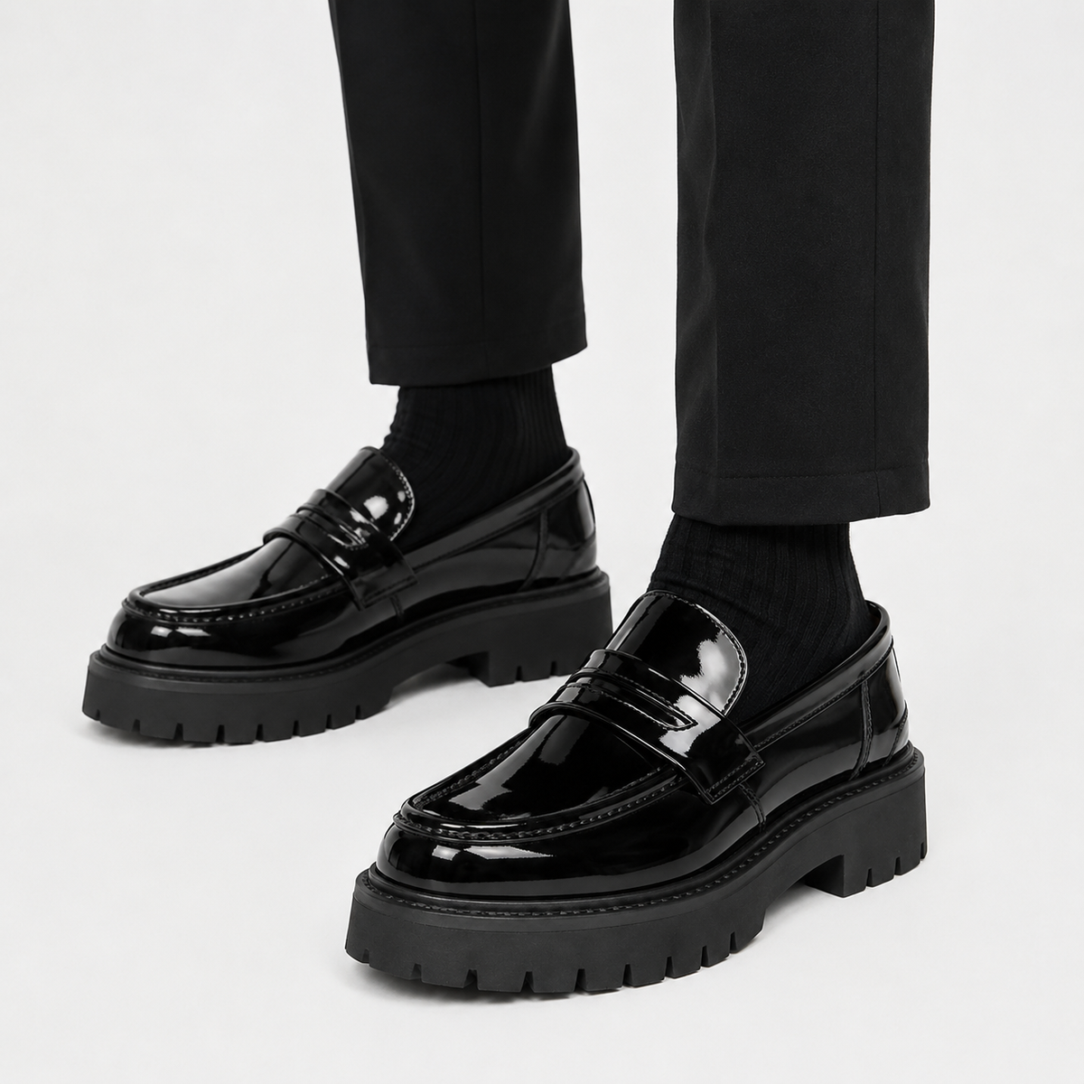 Mens Black Penny Loafers – Thick Sole Slip-On Formal Party Dress Shoes