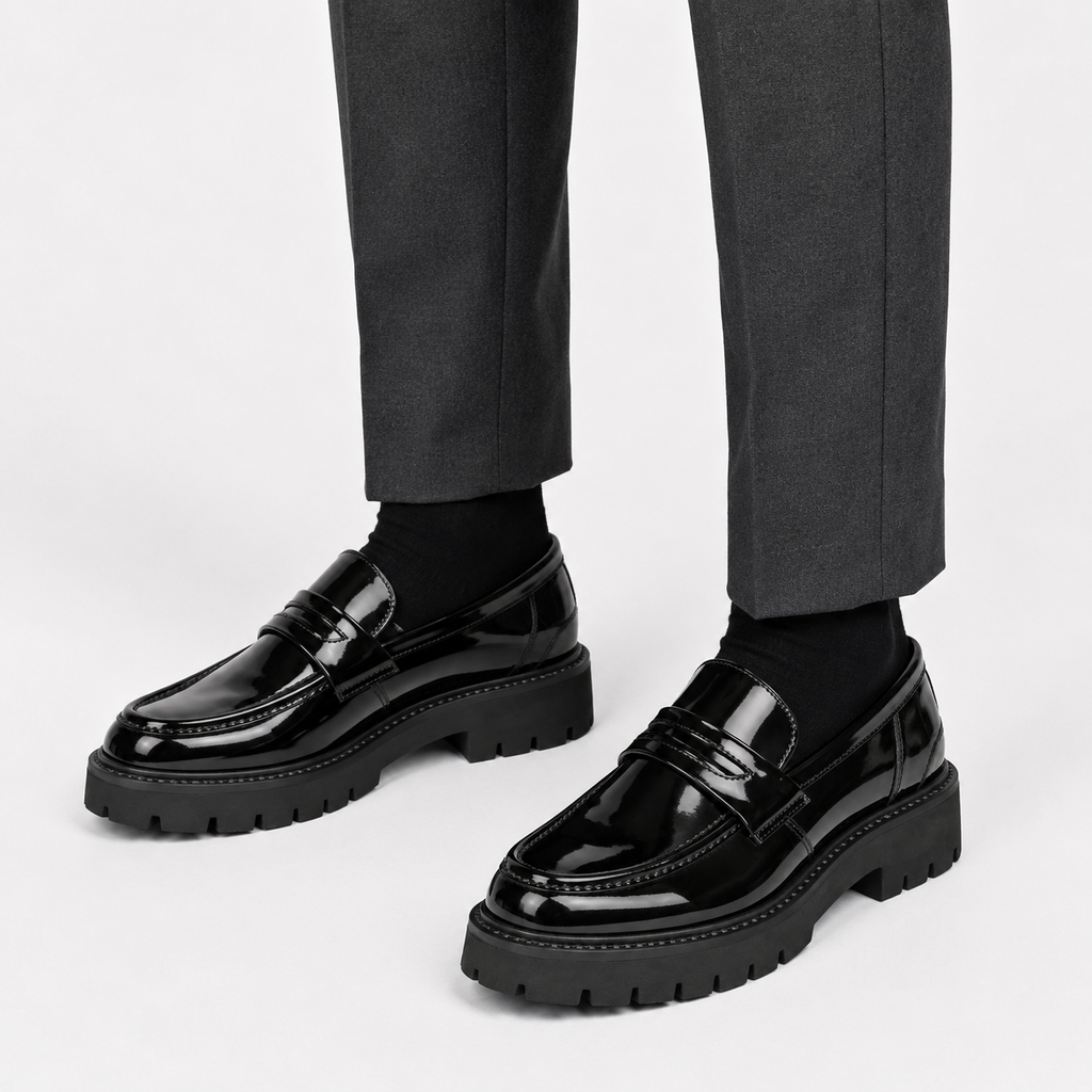 Mens Black Penny Loafers – Thick Sole Slip-On Formal Party Dress Shoes