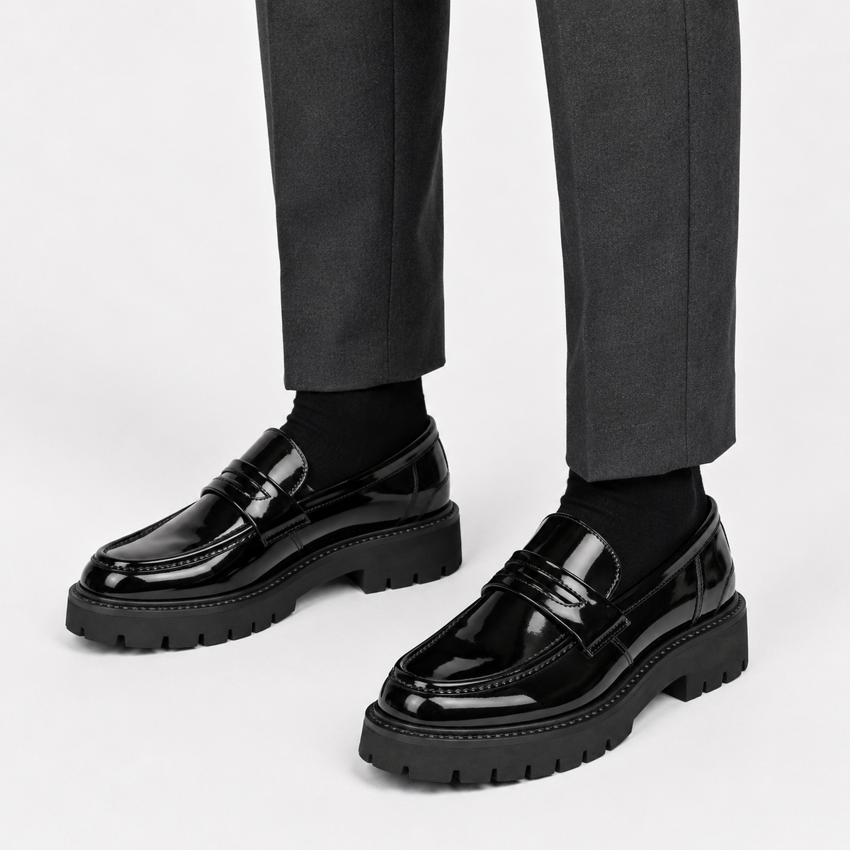 Mens Black Penny Loafers – Thick Sole Slip-On Formal Party Dress Shoes