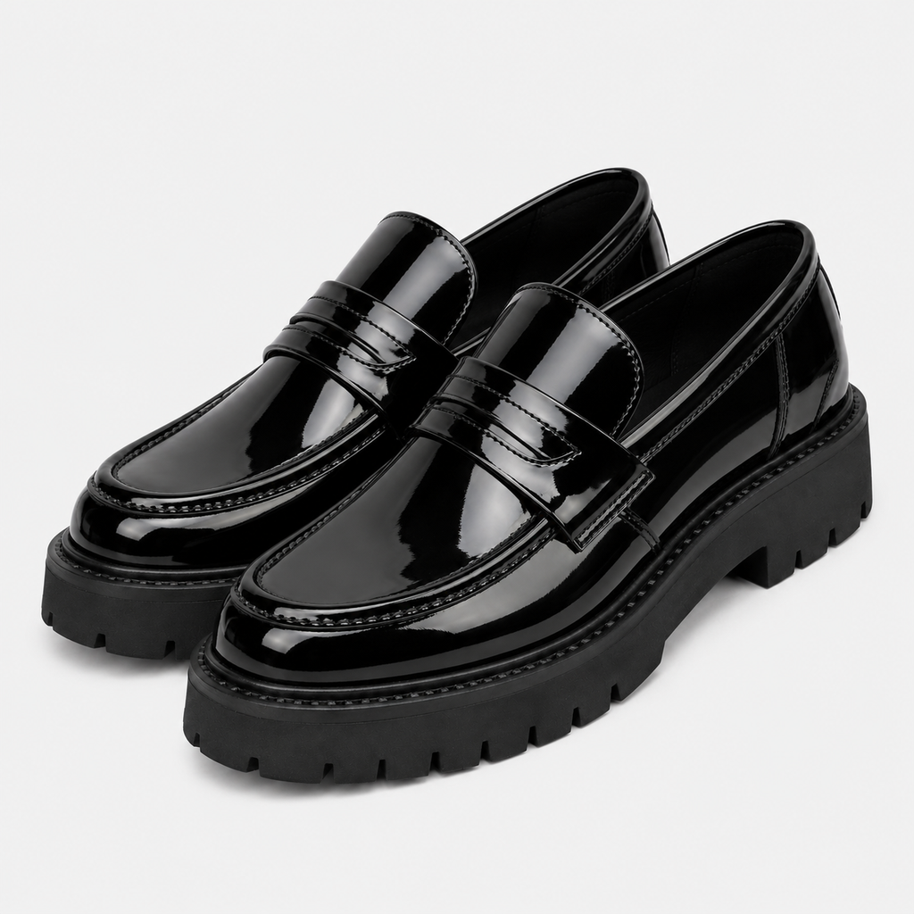 Mens Black Penny Loafers – Thick Sole Slip-On Formal Party Dress Shoes