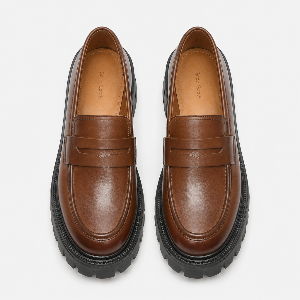 Womens Brown Genuine Leather Platform Loafers – Chunky Sole Round Toe Slip-On Shoes