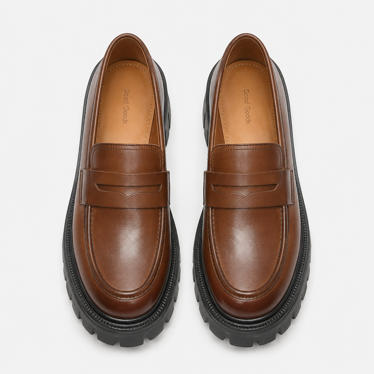 Womens Brown Genuine Leather Platform Loafers – Chunky Sole Round Toe Slip-On Shoes