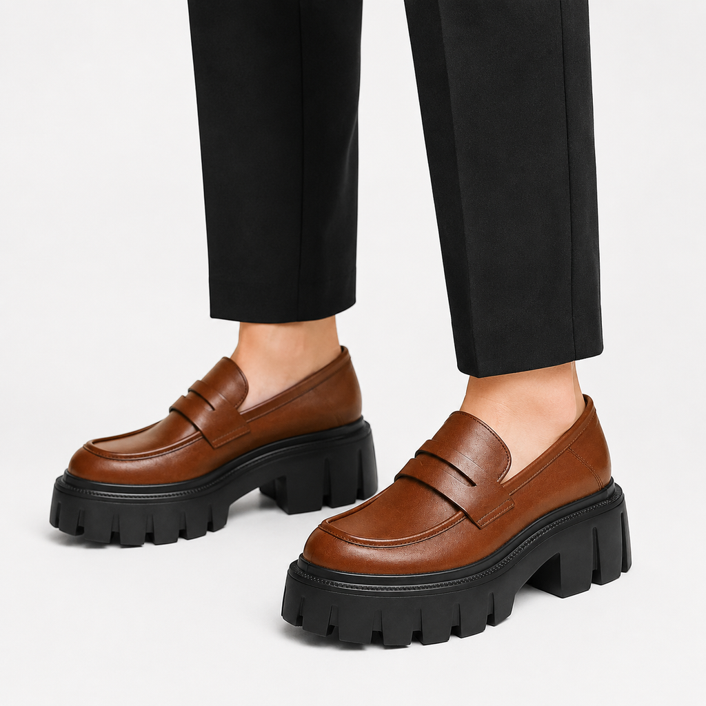 Womens Brown Genuine Leather Platform Loafers – Chunky Sole Round Toe Slip-On Shoes