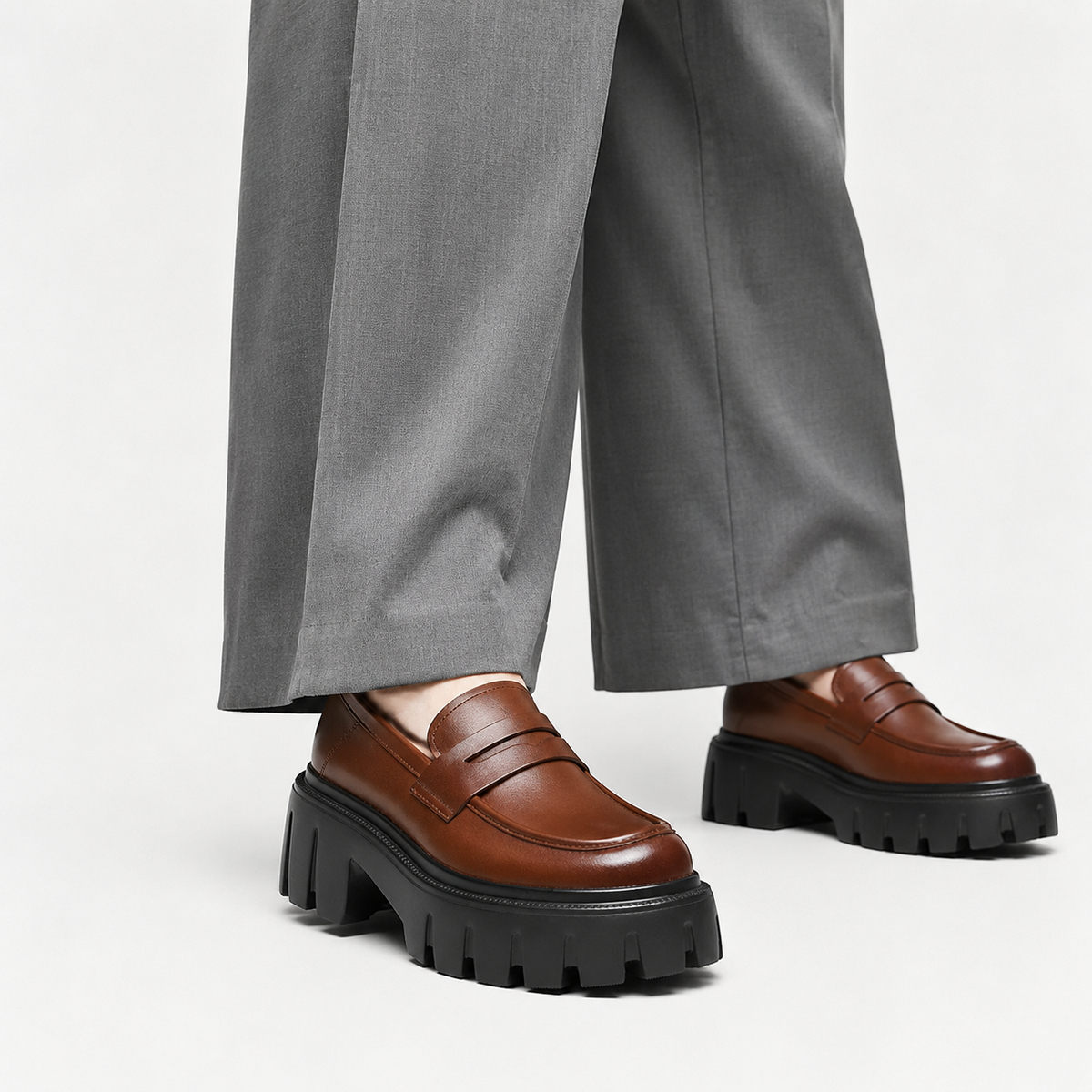 Womens Brown Genuine Leather Platform Loafers – Chunky Sole Round Toe Slip-On Shoes