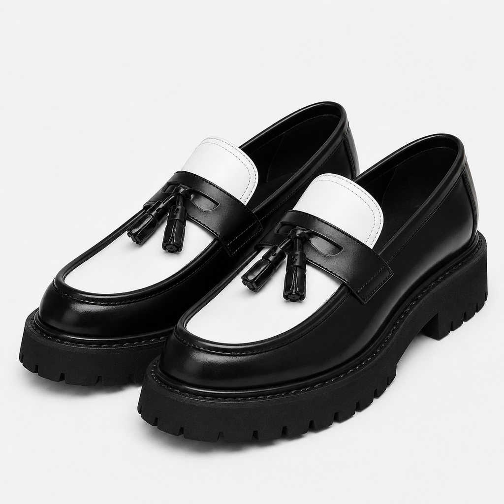 Mens Tassel Loafers – Black & White Leather British Style Slip-On Dress Shoes