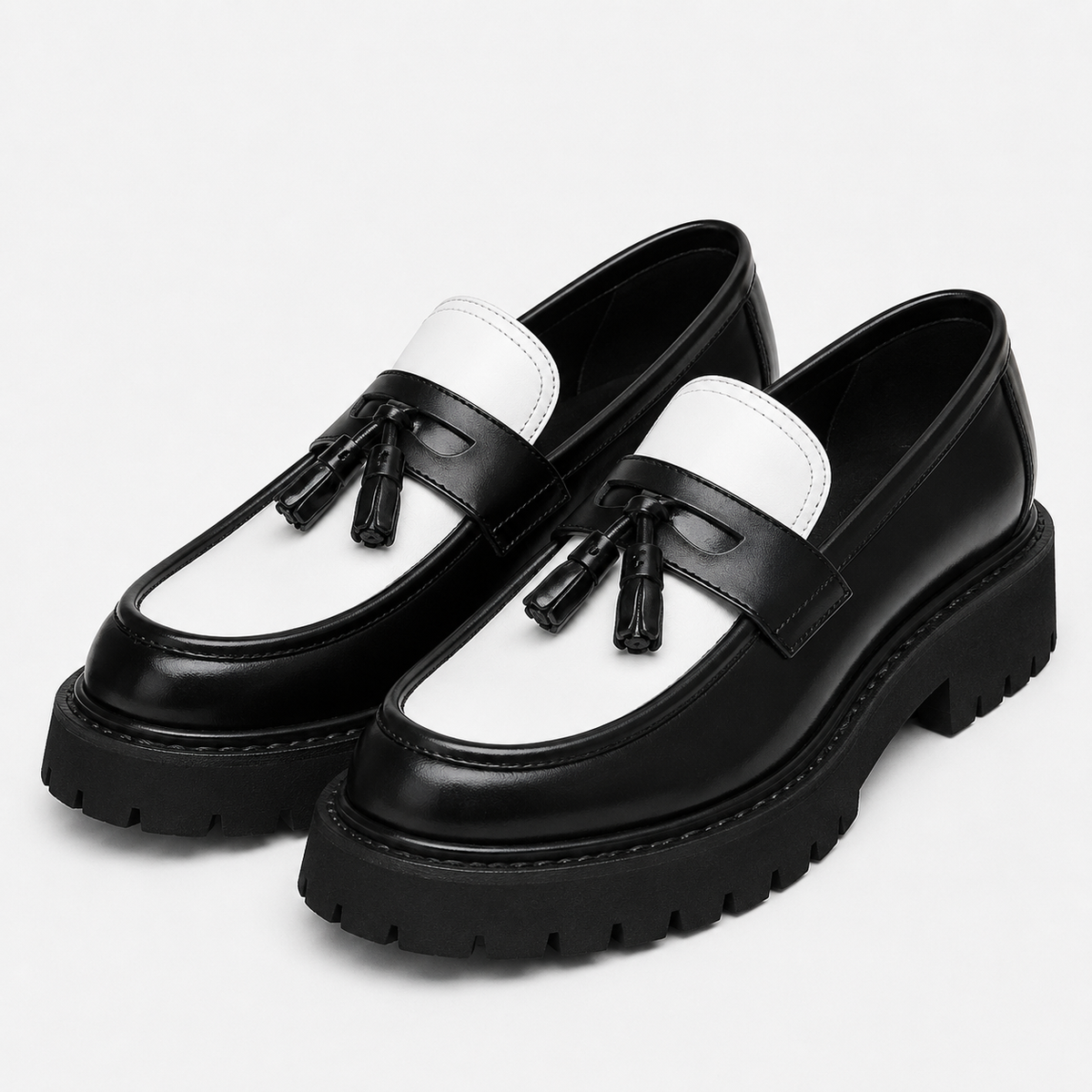 Mens Tassel Loafers – Black & White Leather British Style Slip-On Dress Shoes