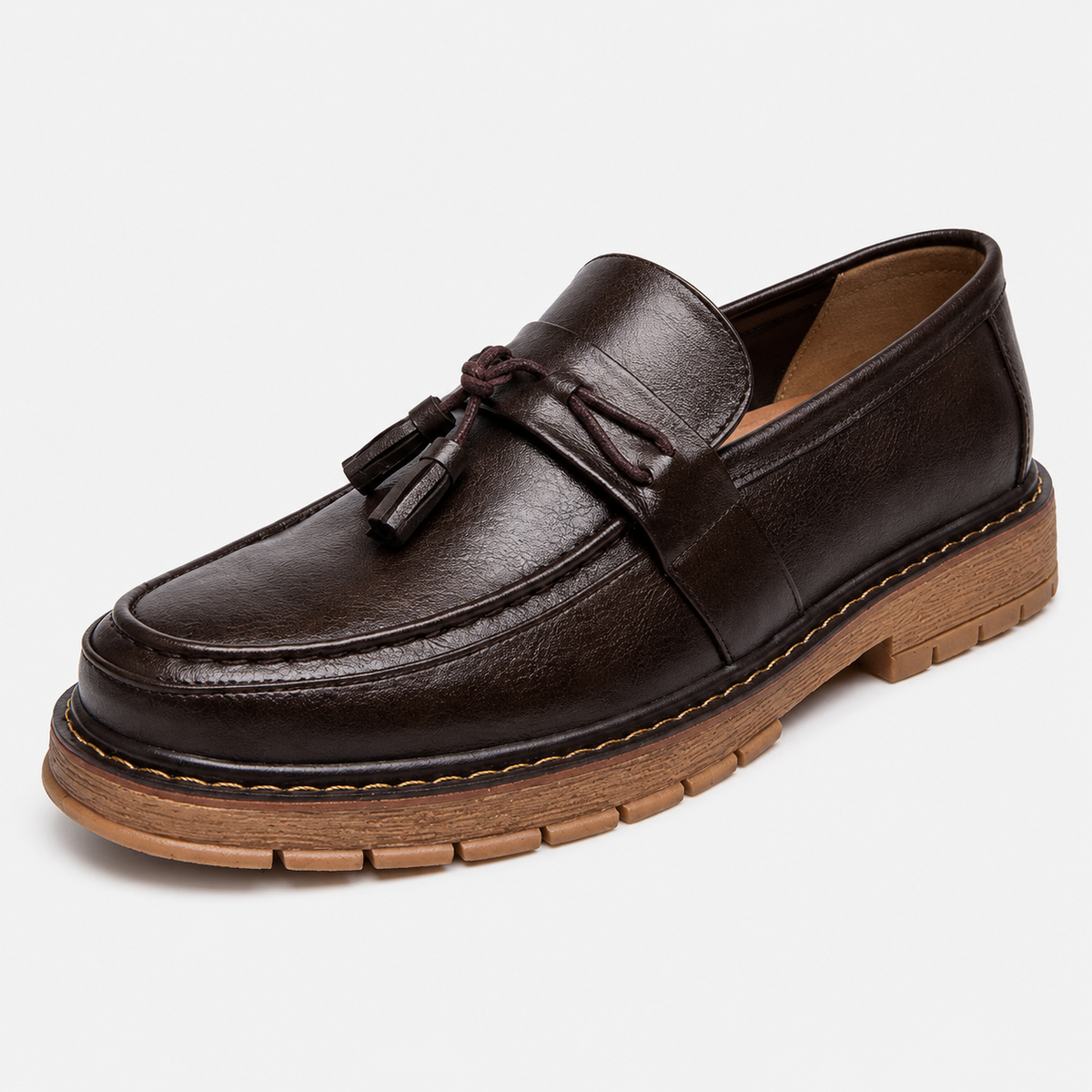 Mens Brown Handmade Leather Loafers – British Retro Round Toe Fringe Slip-On Shoes