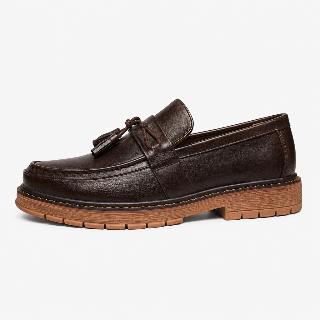 Mens Brown Handmade Leather Loafers – British Retro Round Toe Fringe Slip-On Shoes