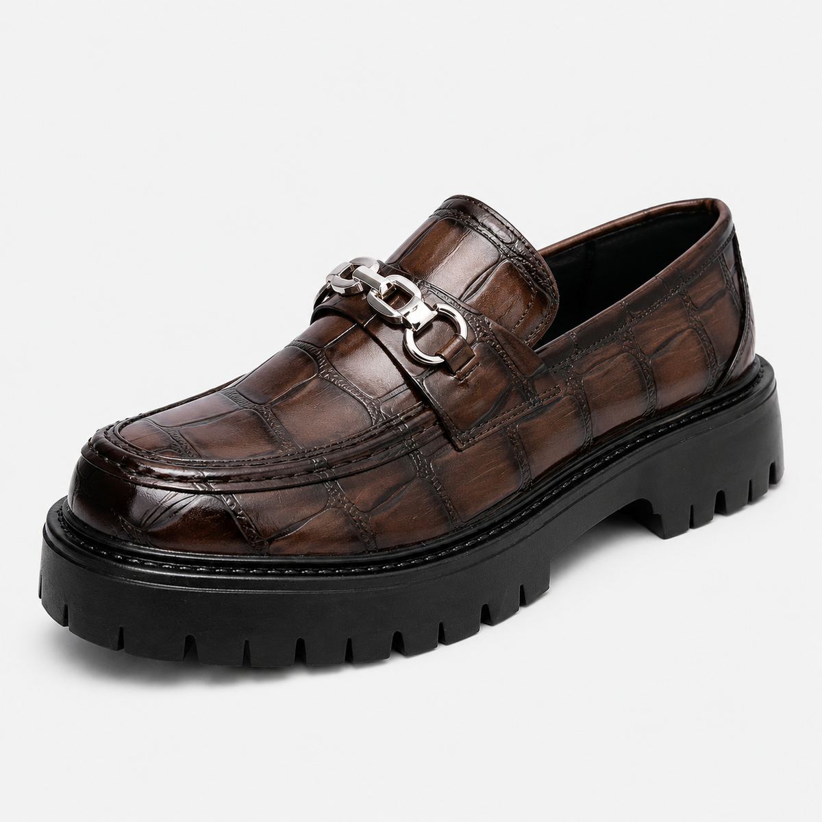 Mens Brown Glossy Metal Buckle Loafers – Korean Style Thick Sole British Fashion Shoes