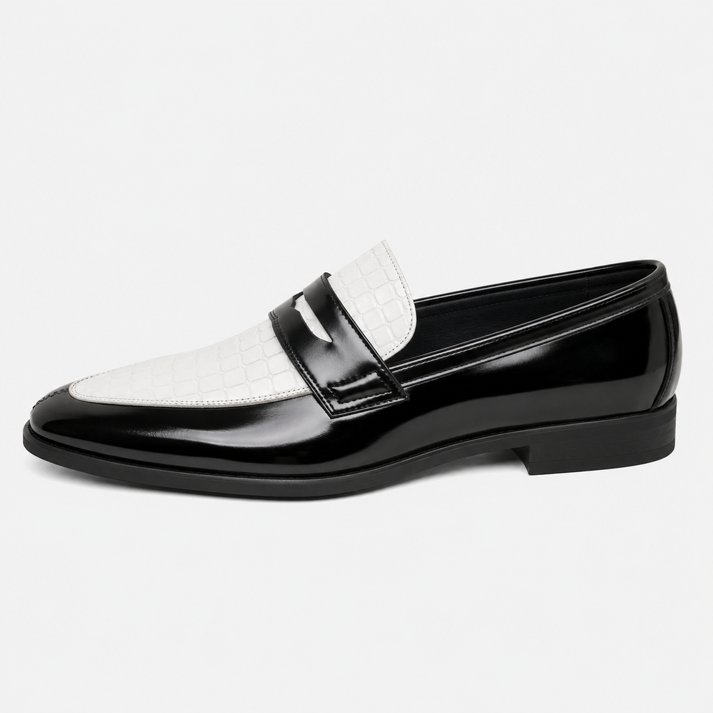 Mens Croc Pattern Penny Loafers – Black & White Mixed Leather Business Shoes