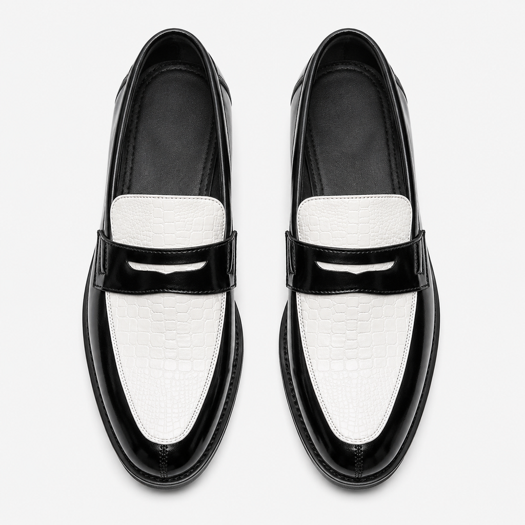 Mens Croc Pattern Penny Loafers – Black & White Mixed Leather Business Shoes