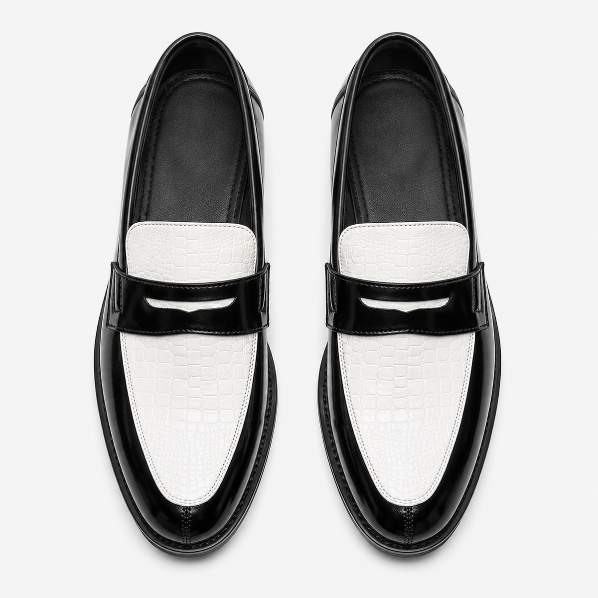 Mens Croc Pattern Penny Loafers – Black & White Mixed Leather Business Shoes