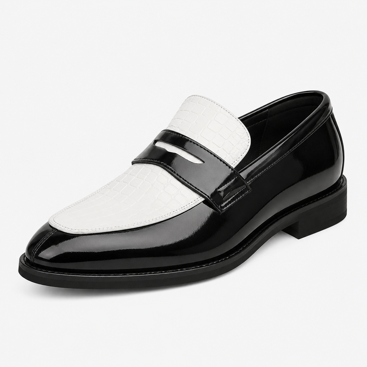 Mens Croc Pattern Penny Loafers – Black & White Mixed Leather Business Shoes