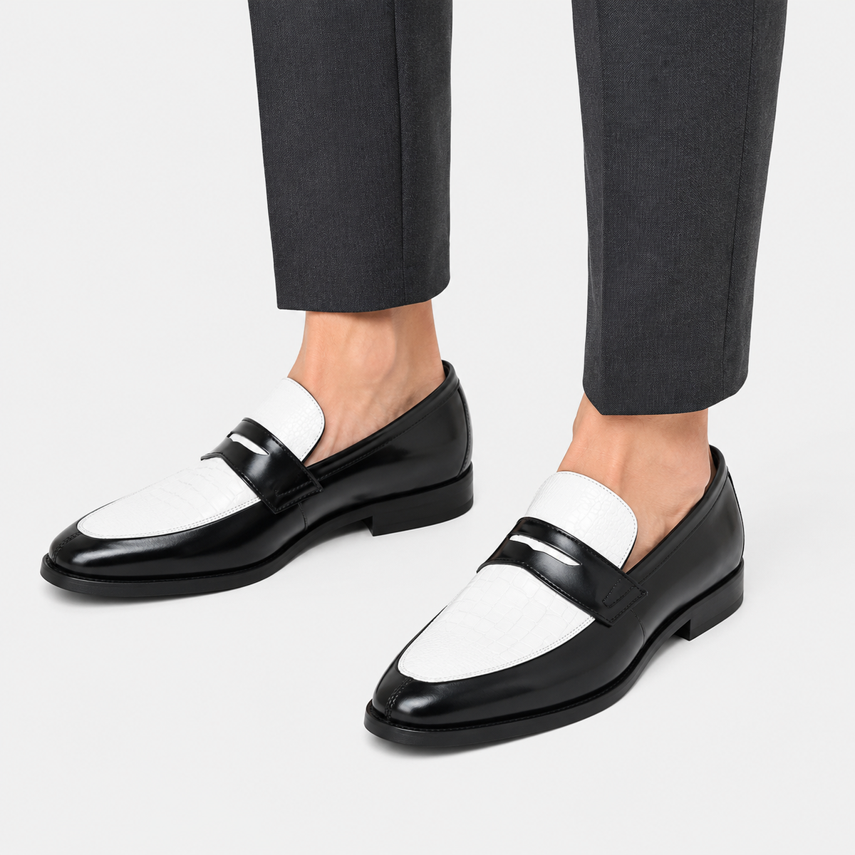 Mens Croc Pattern Penny Loafers – Black & White Mixed Leather Business Shoes