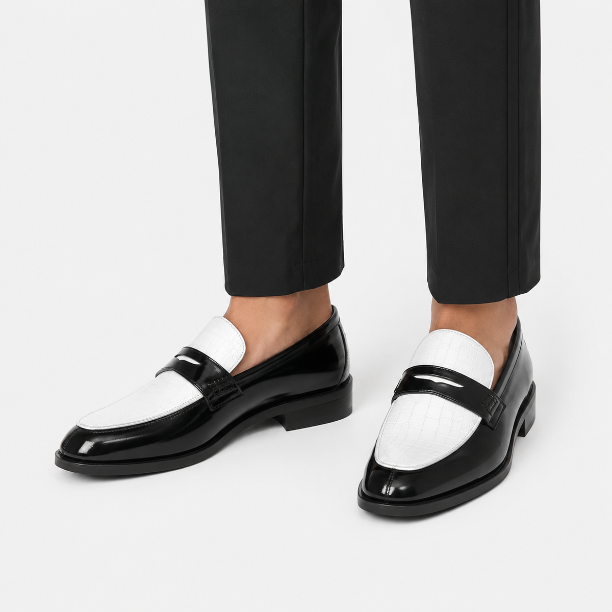 Mens Croc Pattern Penny Loafers – Black & White Mixed Leather Business Shoes