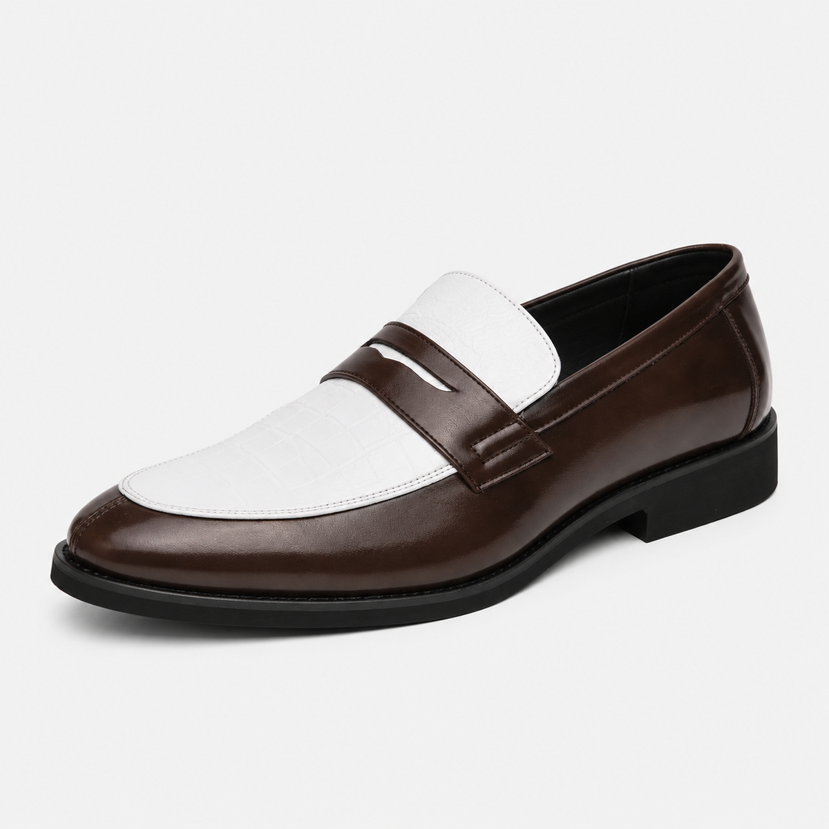 Mens Croc Pattern Penny Loafers – Black & White Mixed Leather Business Shoes