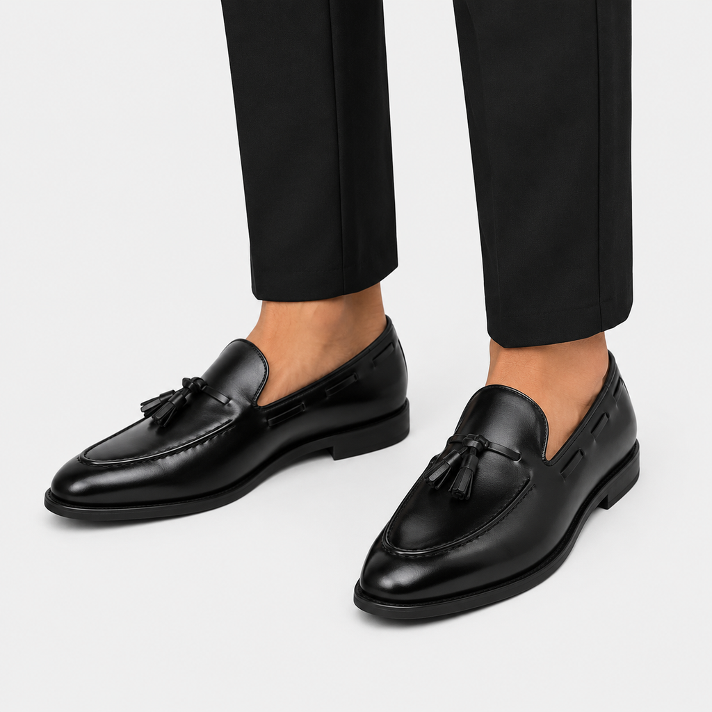 Mens Black Tassel Slip-On Loafers – Versatile Korean British Style Leather Shoes