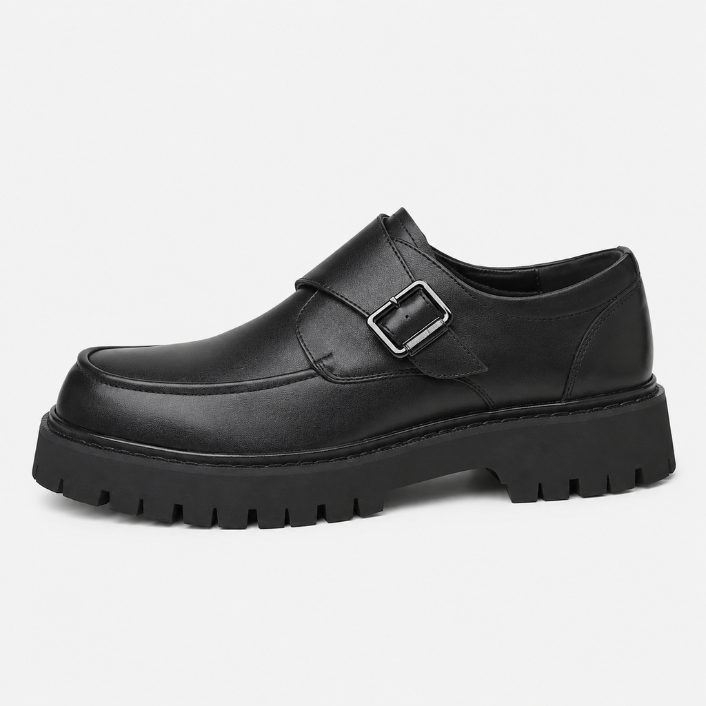 Mens Black Platform Monk Strap Loafers – Chunky Sole Casual Dress Shoes
