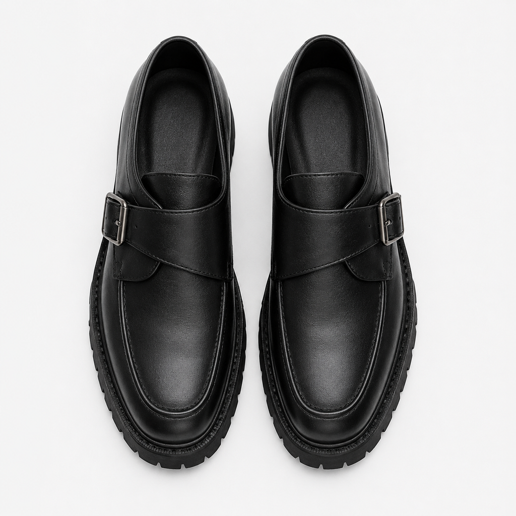 Mens Black Platform Monk Strap Loafers – Chunky Sole Casual Dress Shoes