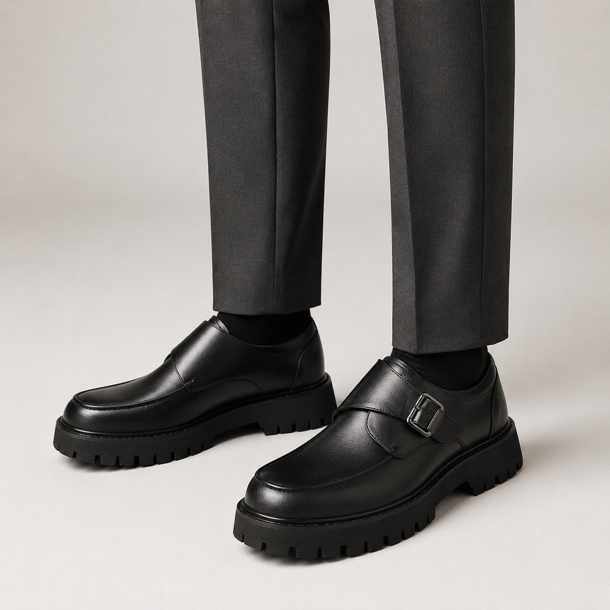 Mens Black Platform Monk Strap Loafers – Chunky Sole Casual Dress Shoes