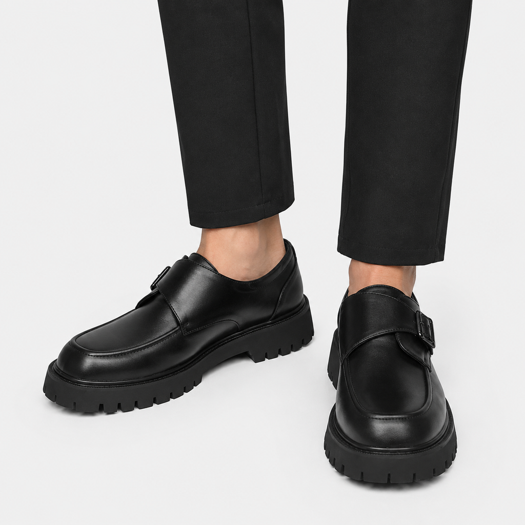 Mens Black Platform Monk Strap Loafers – Chunky Sole Casual Dress Shoes
