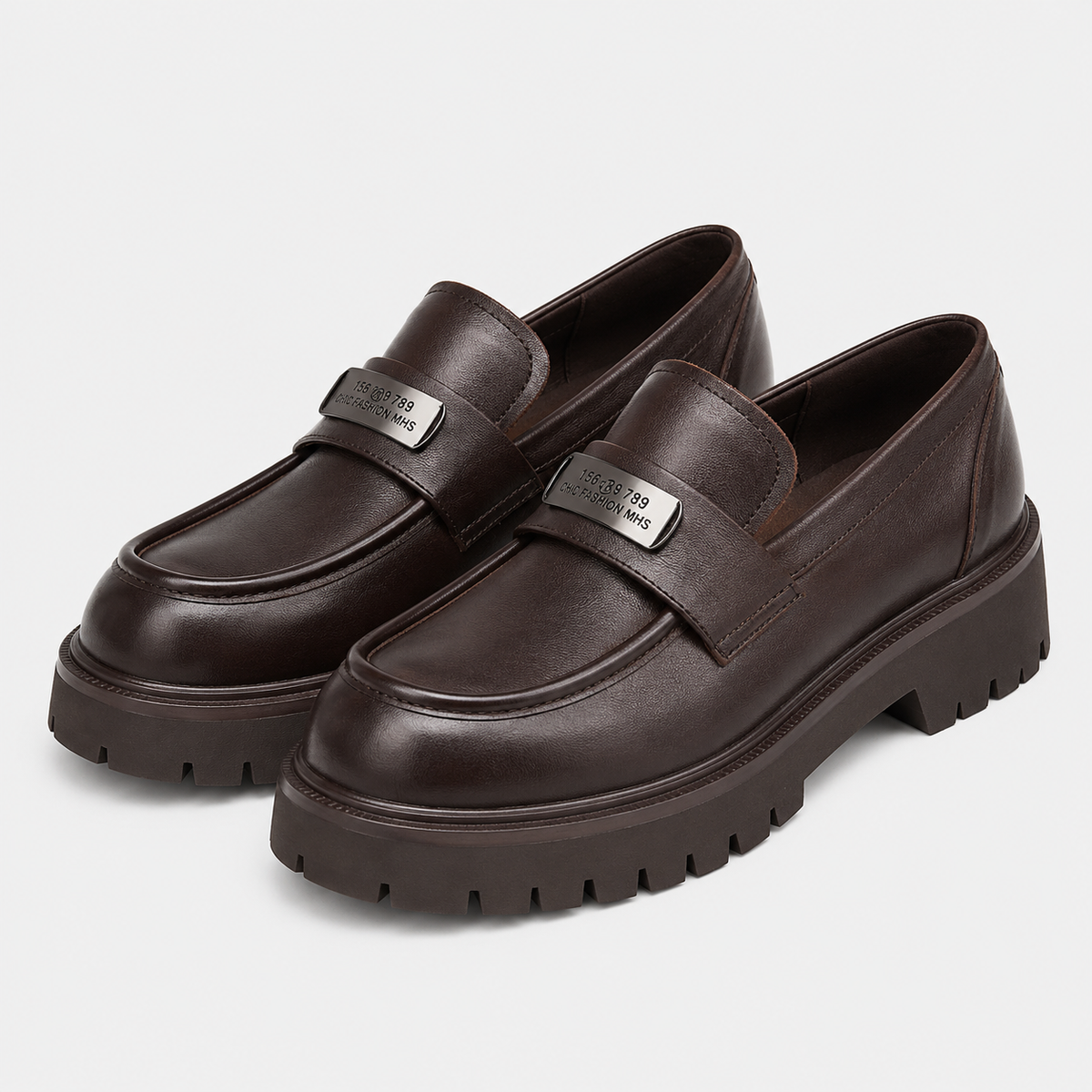 Womens Brown Vintage Chunky Loafers – Genuine Leather Platform Height Increasing Shoes