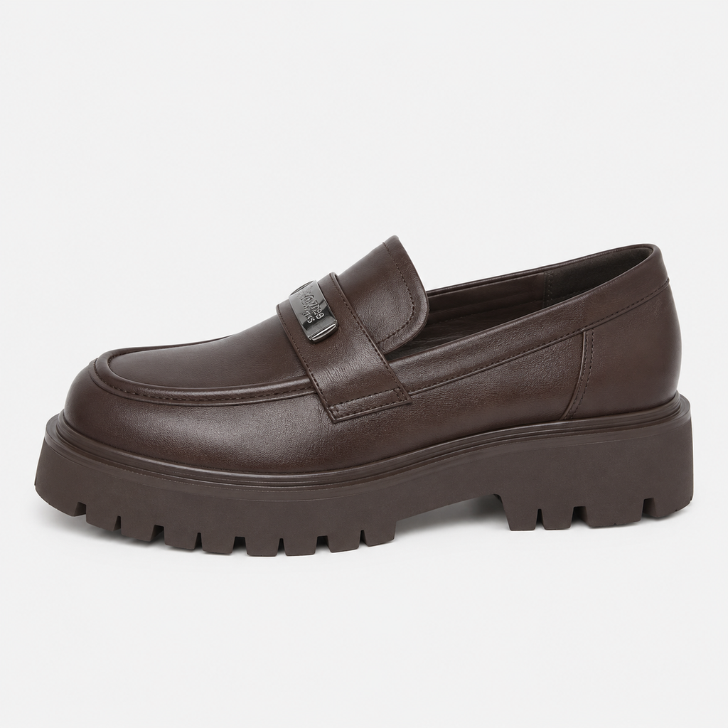 Womens Brown Vintage Chunky Loafers – Genuine Leather Platform Height Increasing Shoes