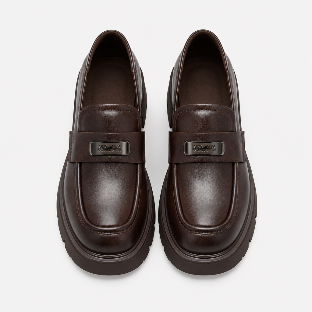 Womens Brown Vintage Chunky Loafers – Genuine Leather Platform Height Increasing Shoes