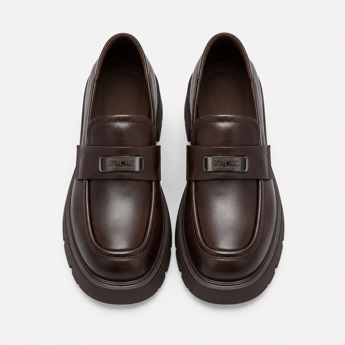 Womens Brown Vintage Chunky Loafers – Genuine Leather Platform Height Increasing Shoes