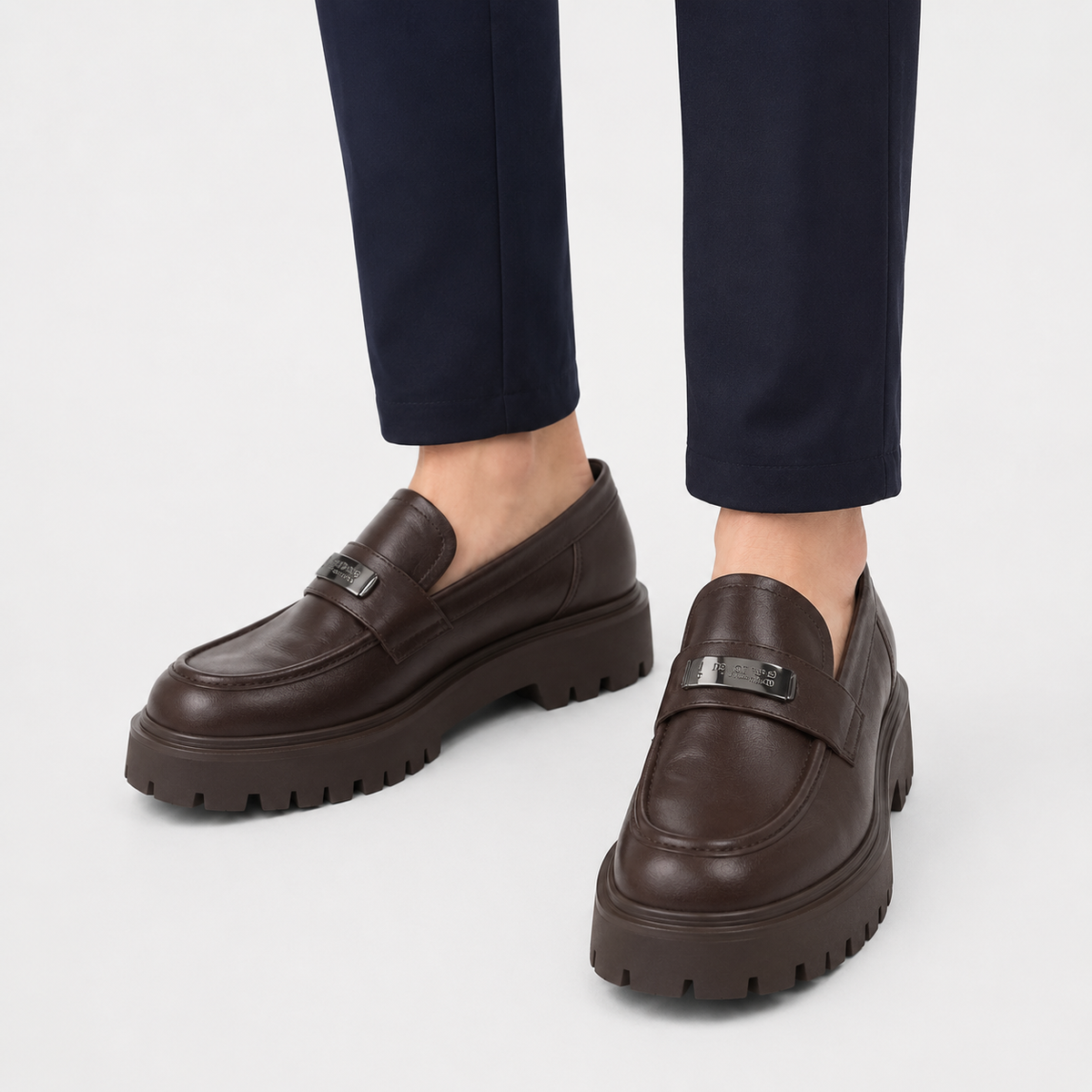 Womens Brown Vintage Chunky Loafers – Genuine Leather Platform Height Increasing Shoes