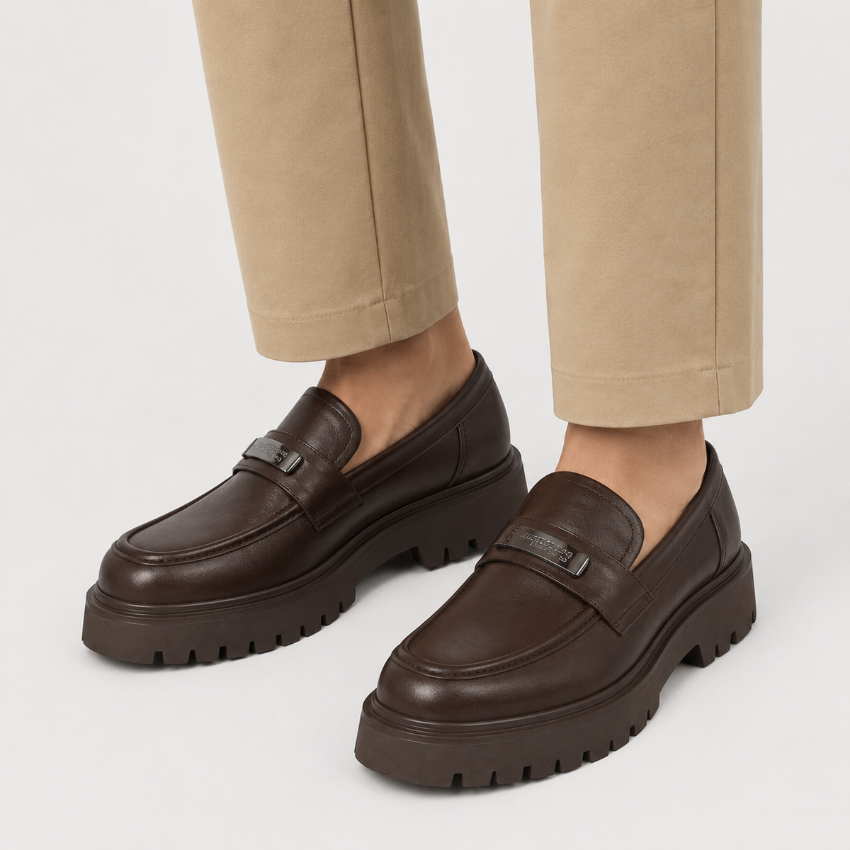 Womens Brown Vintage Chunky Loafers – Genuine Leather Platform Height Increasing Shoes